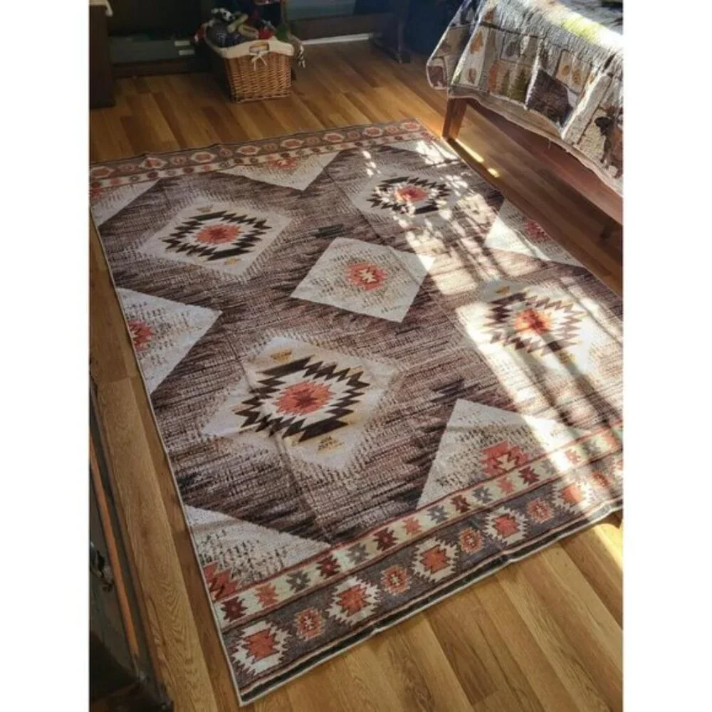 New 5x7 Cream Camel Western Rug, Washable Low Pile Non-Slip Area Carpet for Home